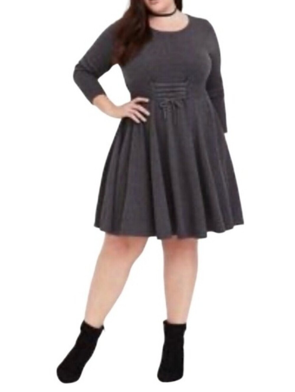 TORRID Charcoal Gray Lace Up Waist Long Sleeve Sweater Skater Dress Plus Size 2